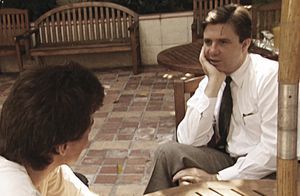 Mike Rinder with a German ZDF TV reporter in Los Angeles, 1996.