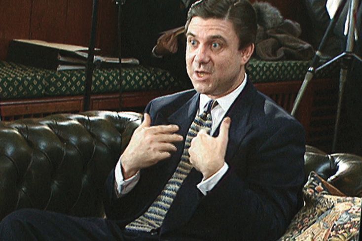 Mike Rinder talks to a reporter, England, 1996.