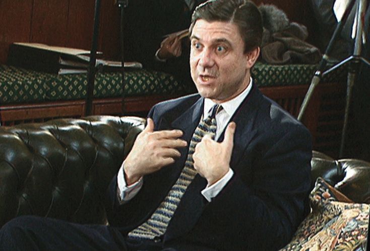 Mike Rinder talks to a reporter, England, 1996.