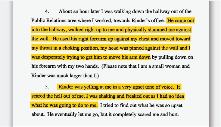A former female subordinate of Mike Rinder recounts his assault on her, in an affidavit in 2009.